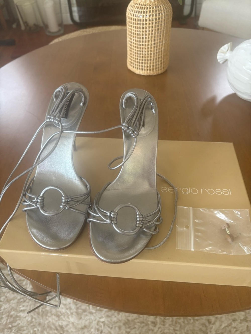 Sergio Rossi Silver Metallic Lace-Up Ring Sandals